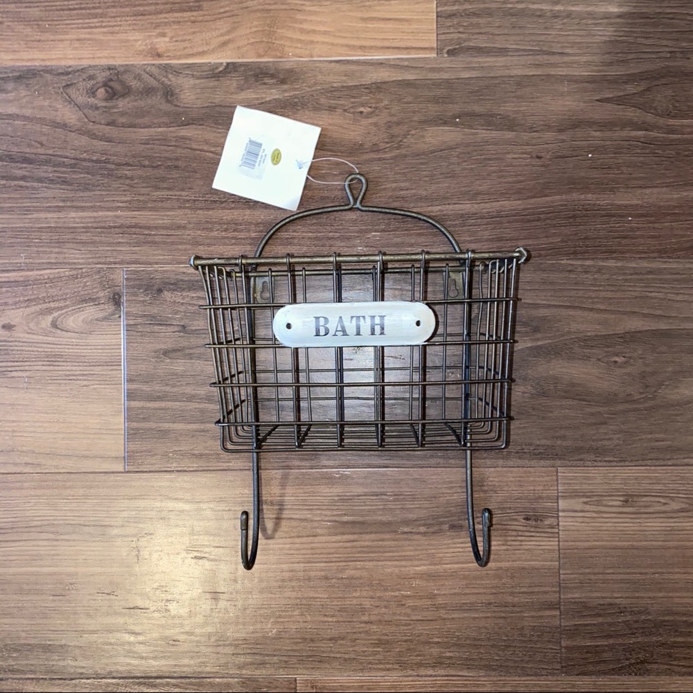 Mounted Hooks with Basket with “Bath” sign